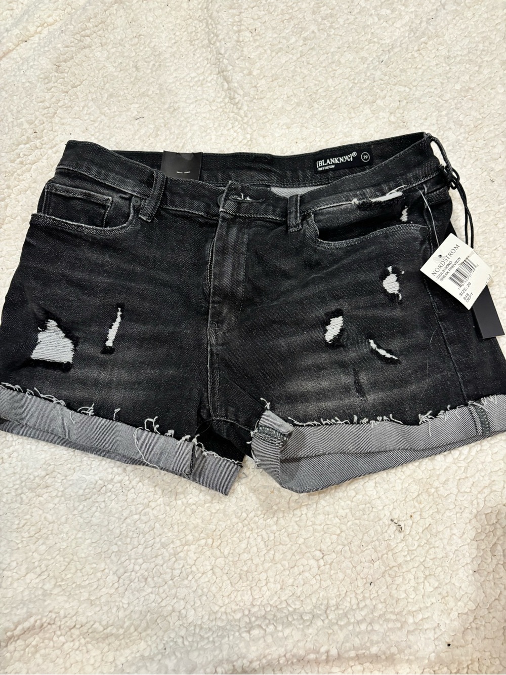 Blank NYC Black/Grey Distressed Rolled-Hem Denim Shorts